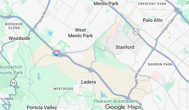 Map showing BlueCoast Car Detailing service area around Menlo Park, CA